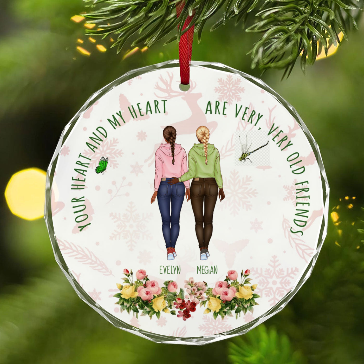 Custom Friendship Christmas Glass Ornament - Your Heart and My Heart